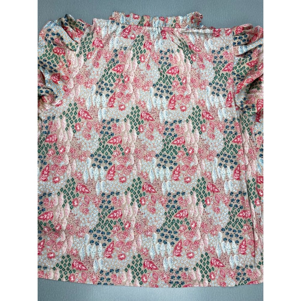 LOFT WOMEN Garden Cinched Sleeve Ruffle Tie Neck Mixed Media Top M - Picture 3 of 16